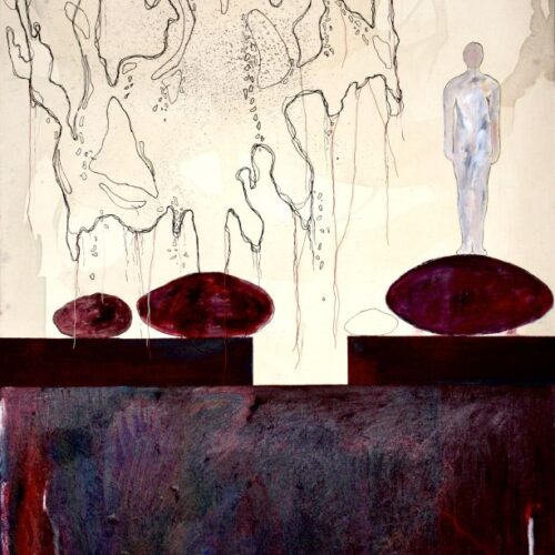 Honne & Tatemae #26, 2024, Olieverf, oilstick, draad, marker op canvas, 110 x 75 cm